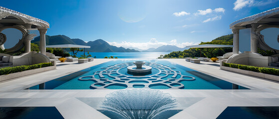 A huge ornamental pool in a luxury hotel resort in Italy. The pool has a fountain and beautiful views of the ocean and mountains. The perfect getaway summer vacation.