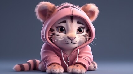 Cartoon tiger wearing pink sweater. Close-up cute baby tiger character. Happy. Generative AI