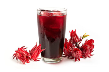 Roselle juice in glass with roselle flowers isolated on white background. © Suraphol