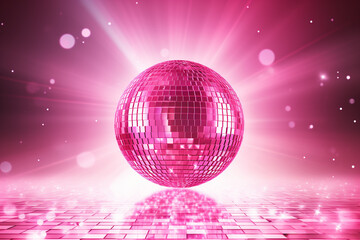 Fototapeta premium rosa pink Discokugel mit Lichtern und Lichteffekten. Querformat. Generative Ai.