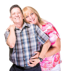 Smiling transgender man and woman isolated on white background posing close together
