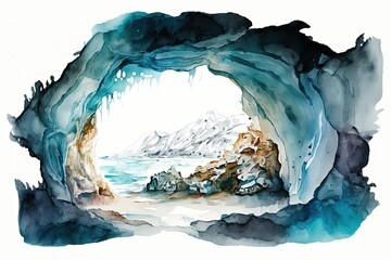 Inside of cave in style of watercolor illustration. Generative AI