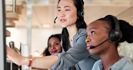 Asian woman, call center and coaching team in customer service, support or telemarketing at office. Female person, manager or coach training staff, consultant or agent for online advice at workplace