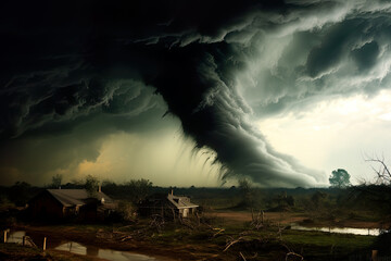 A large tornado cloud is in the sky over a farm. Generative AI.