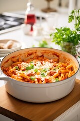 baked italian ziti in dutch oven made with penne pasta, tomato sauce and cheese inside kitchen created with generative AI