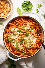 baked italian ziti in dutch oven made with penne pasta, tomato sauce and cheese inside kitchen created with generative AI and shot top down