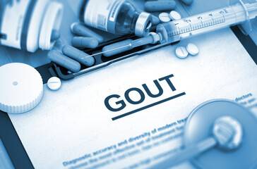 GOUT, Medical Concept with Pills, Injections and Syringe. GOUT, Medical Concept with Selective Focus. Diagnosis - GOUT On Background of Medicaments Composition - Pills, Injections and Syringe. 3D.