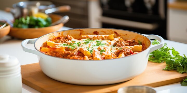 baked italian ziti in dutch oven made with penne pasta, tomato sauce and cheese inside kitchen created with generative AI