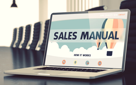 Sales Manual - Landing Page with Inscription on Mobile Computer Screen on Background of Comfortable Meeting Hall in Modern Office. Closeup View. Blurred Image with Selective focus. 3D Rendering.
