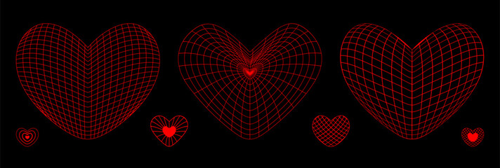 Neon red wireframe heart shapes set on black background. Futuristic cyberpunk grid figures. Y2K retro style. Vector design elements. Love or cardiology concept