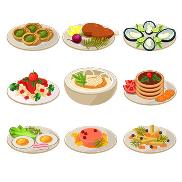 Set of food icons. European lunch. illustration
