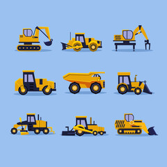 Set icons yellow tractors illustration isolated
