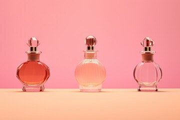 perfume bottles. a lot of transparent multi-colored glass bottles of cosmetics on a pink background. ai generative