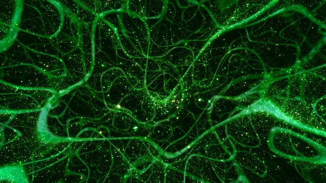Green energy particles in abstract futuristic microbial kelp cluster. Concept 3D illustration background. Sustainable marine ecology resources and electric energy production of bioluminescence algae.