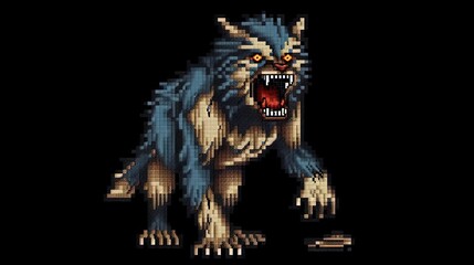Scary werewolf in style of pixel art illustration. Generative AI
