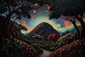 Magical island in style of pointillism illustration. Fantasy landscape. Generative AI