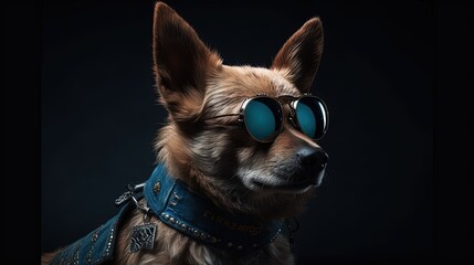 Punk dog wearing sunglasses on black background. Generative AI