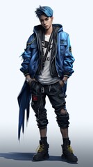 A man in a blue jacket and black pants. Generative AI. K-pop virtual idol design.