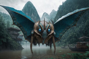 Giant insect creature flying through lake in mountains. Generative AI