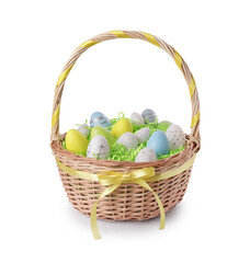 Wicker basket with beautifully painted Easter eggs isolated on white