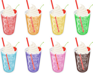 カップに入った、色んな味のクリームソーダのイラスト