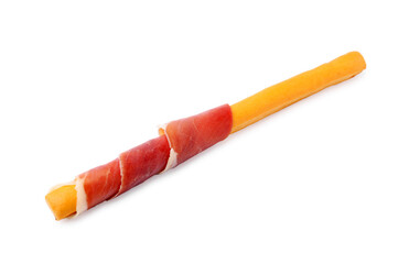 Delicious grissini stick with prosciutto isolated on white