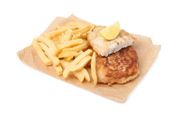 Tasty fish in soda water batter, potato chips and lemon slice isolated on white