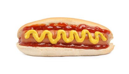 Delicious hot dog with mustard and ketchup on white background