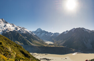 Looking down from the Sealy Tarns track in the National Park to the alpine Mueller and Hooker lakes and Aoraki Mt Cook