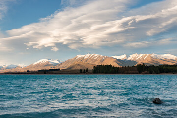 New Zealand landscape: Lake Tekapo
Close view of turquoise water of Lake Tekapo with snow-capped mountains on background