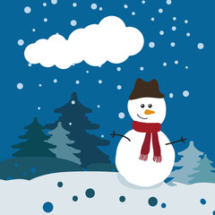 Christmas background. snowman and Christmas trees. snowflakes.