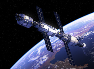 International Space Station Orbiting Earth. 3D Illustration.