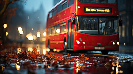 A red double decker bus driving down a wet street. Generative AI. - obrazy, fototapety, plakaty