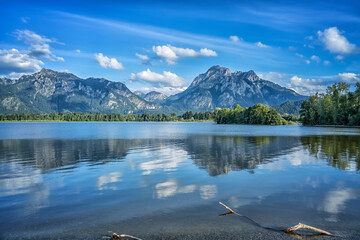 An image of a view to Neuschwanstein at Forggensee lake - obrazy, fototapety, plakaty