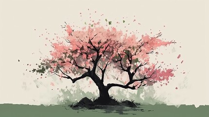 Simple cherry blossom tree in style of vector illustration. Generative AI
