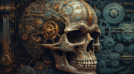 Steampunk skull and gears. Generative AI