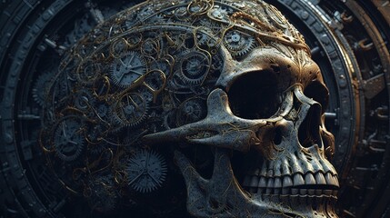Fototapeta na wymiar Steampunk skull and gears. Generative AI