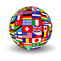 The sphere consisting of national flags of countries of the world on white background