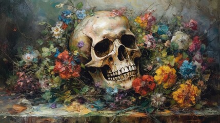 Skull surrounded with flowers in style of oil painting illustration. Generative AI