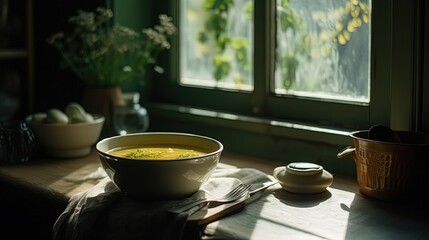 Obraz na płótnie Canvas Bowl of soup on a table by the window. Generative AI