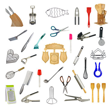 Collage of kitchen tools and accessories on a white background