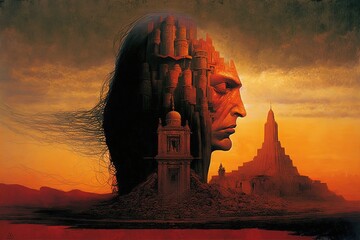 Surreal superimposition of man face and architecture. Generative AI