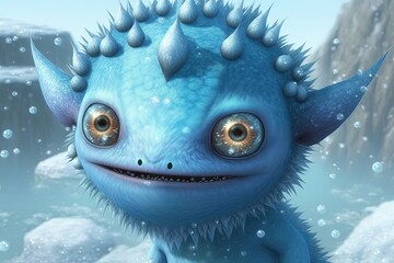 Cute blue ice creature. Ice monster. Generative AI