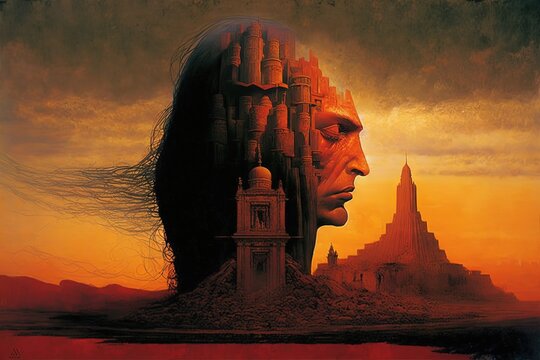 Surreal superimposition of man face and architecture. Generative AI