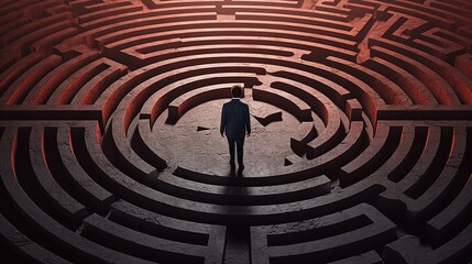 Man explores the maze. Labyrinth in style of vector illustration. Generative AI