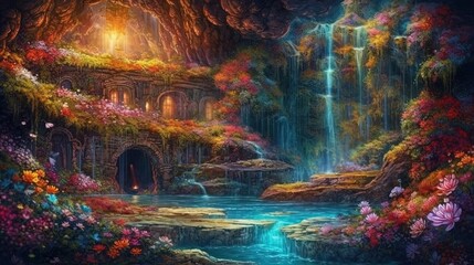 Fototapeta na wymiar Fantasy waterfall. Generative AI