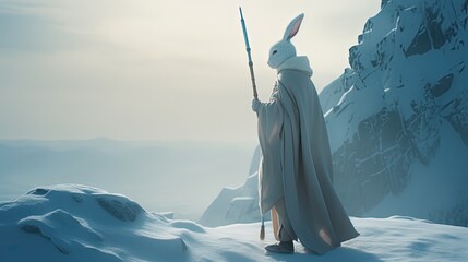 Anthropomorphic white rabbit leader in cloak standing on a snowy cliff. Generative AI
