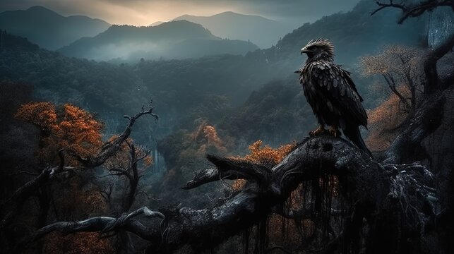 Black eagle sitting on a tree branch with landscape view. Generative AI