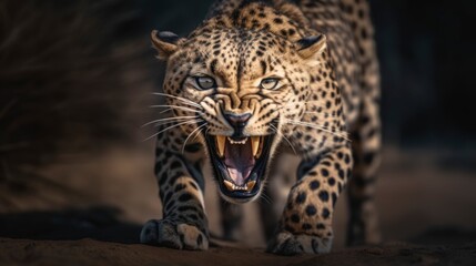 Fototapeta premium portrait of an angry leopard attacking mode, showing teeth running towards enemy, savana desert background, generative ai