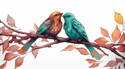 Two tiny birds sitting on a tree branch in style of watercolor illustration. Generative AI